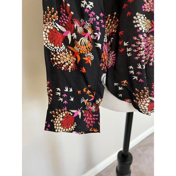 Anthropology Floral Blouse Long Sleeve Button Up Black Bird Print Top - Picture 4 of 10